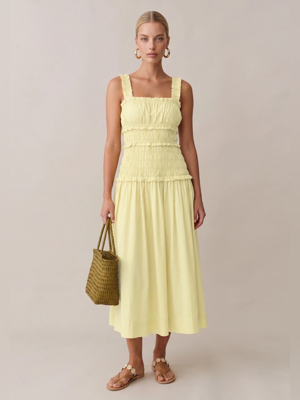 Few Moda Freya Cotton Smocked Cotton Midi Dress Light Yellow S NWT
